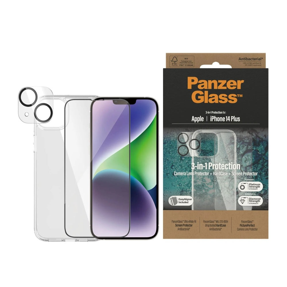 PANZERGLASS iPhone 14 3-in-1 Bundle - Slim ClearCase + Classic Screen Protector + Camera Lens Protector - Clear