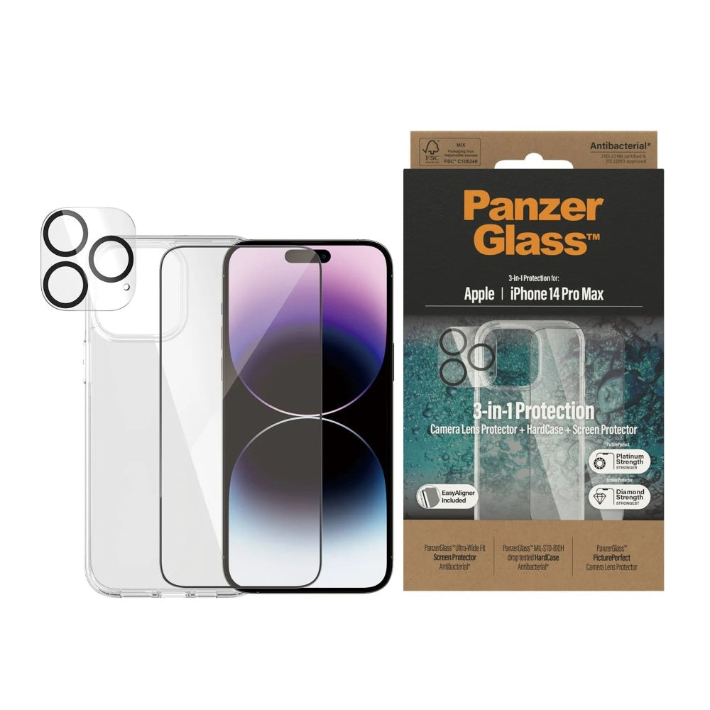 PANZERGLASS iPhone 14 3-in-1 Bundle - Slim ClearCase + Classic Screen Protector + Camera Lens Protector - Clear