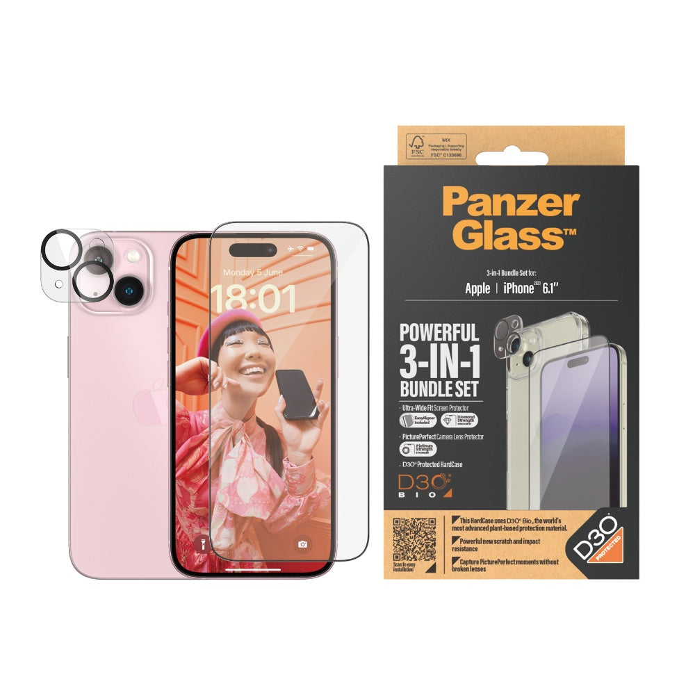 PANZERGLASS iPhone 15 - 360 Bundle with D3O - ClearCase + Screen Protector + Camera Lens Protector - Clear