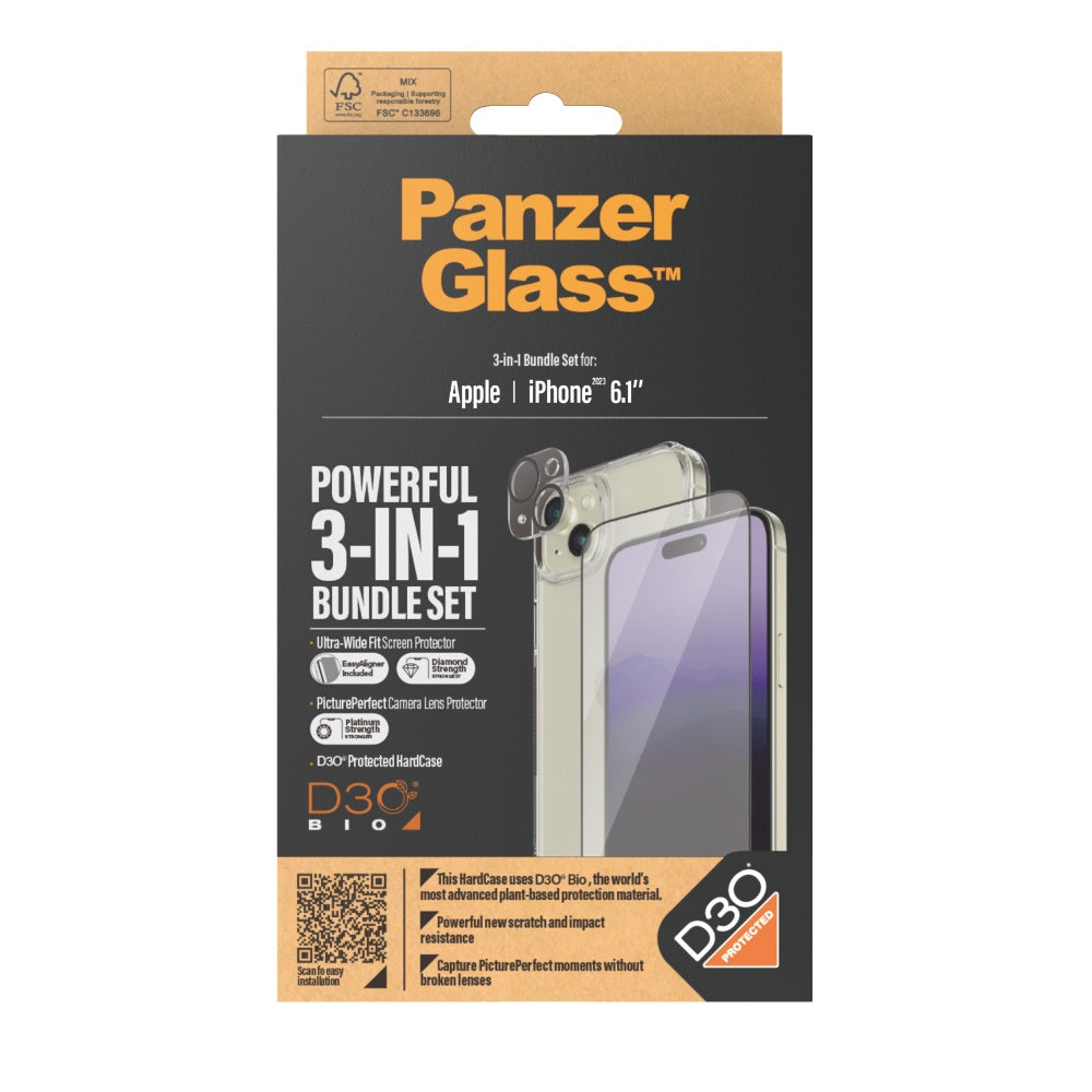 PANZERGLASS iPhone 15 - 360 Bundle with D3O - ClearCase + Screen Protector + Camera Lens Protector - Clear