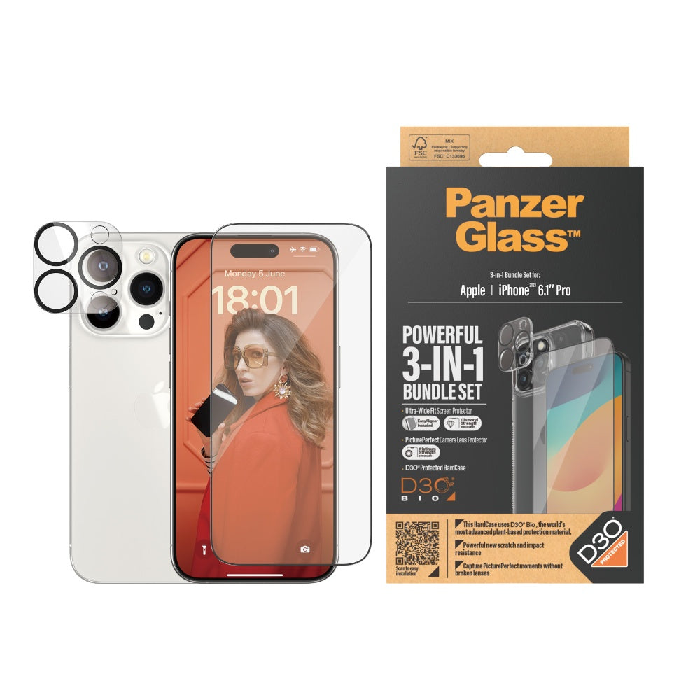 PANZERGLASS iPhone 15 Pro - 360 Bundle with D3O - ClearCase + Screen Protector + Camera Lens Protector - Clear