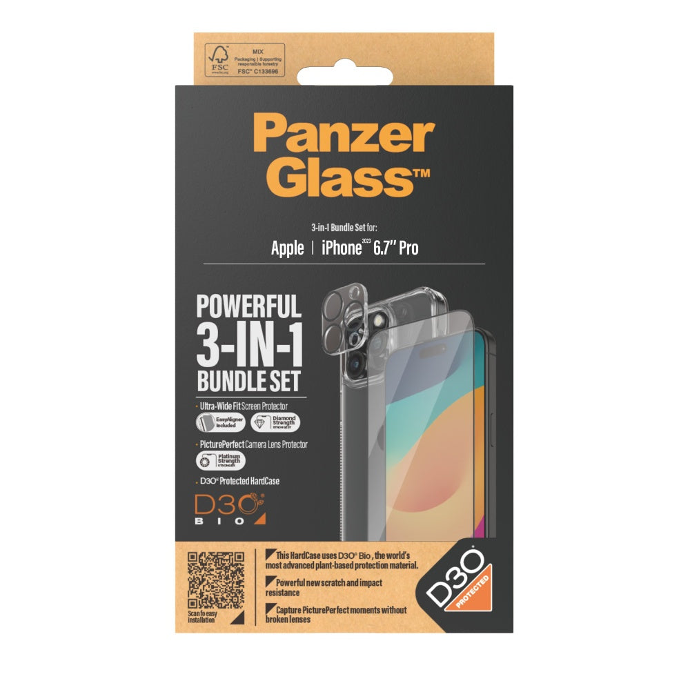 PANZERGLASS iPhone 15 Pro Max - 360 Bundle with D3O - ClearCase + Screen Protector + Camera Lens Protector - Clear