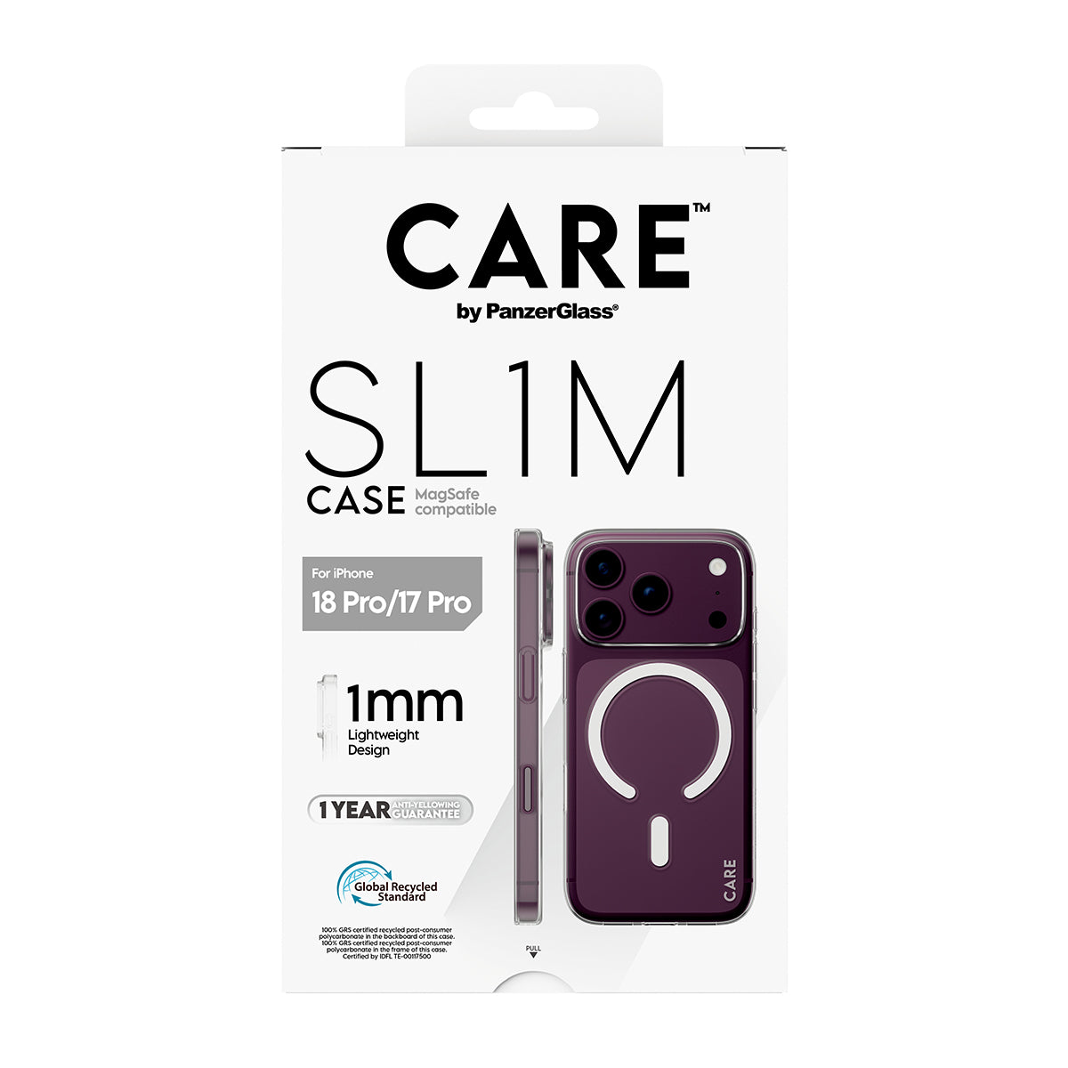 CARE by PanzerGlass iPhone 18 Pro SL1M Case| MagSafe Compatible, 1mm Thin Transparent Slim Case, Never-Yellowing Nano Technology, Recycled Plastic, Lightweight Scratch Protection - Clear