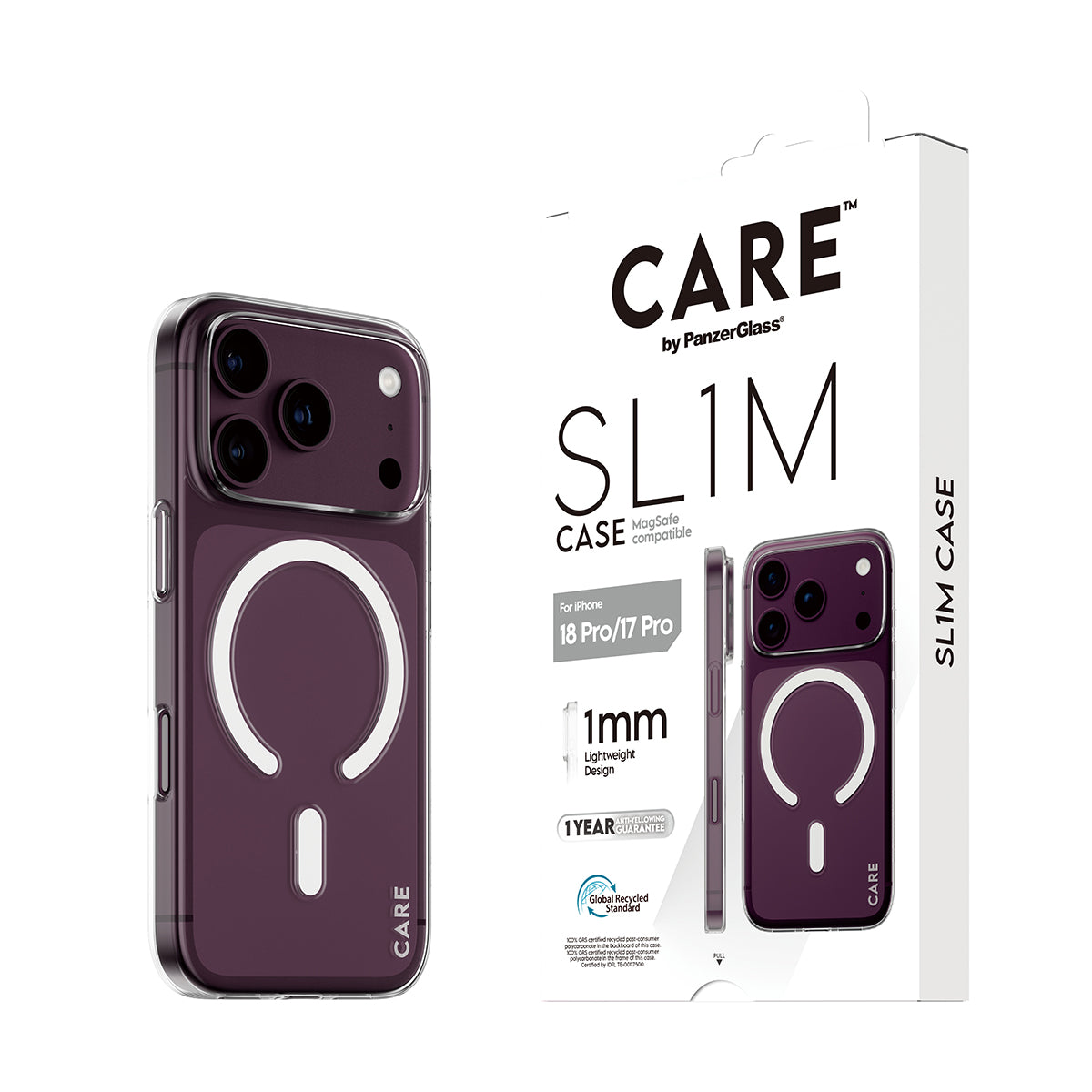 CARE by PanzerGlass iPhone 18 Pro SL1M Case| MagSafe Compatible, 1mm Thin Transparent Slim Case, Never-Yellowing Nano Technology, Recycled Plastic, Lightweight Scratch Protection - Clear