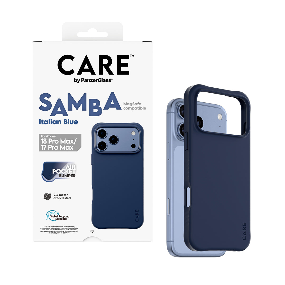 CARE by PanzerGlass iPhone 18 Pro Max SAMBA Case | MagSafe Compatible, Slim Fashion Case, Flexible Impact-Absorbing Sidewalls, Recycled Plastic, Protective Camera Bezel - Blue