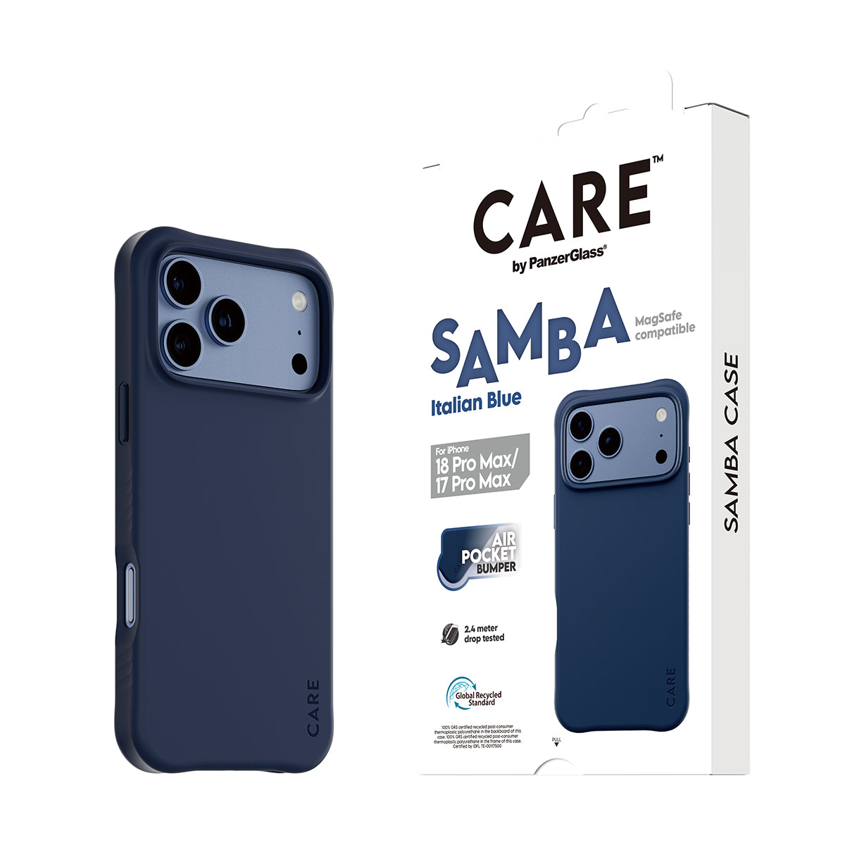 CARE by PanzerGlass iPhone 18 Pro Max SAMBA Case | MagSafe Compatible, Slim Fashion Case, Flexible Impact-Absorbing Sidewalls, Recycled Plastic, Protective Camera Bezel - Blue