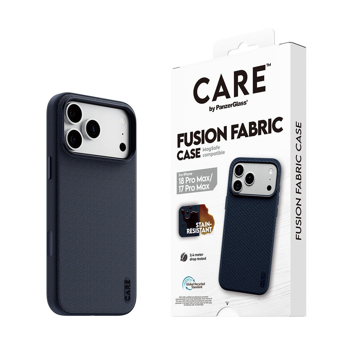 CARE by PanzerGlass iPhone 18 Pro Max FUSION Fabric Case | MagSafe Compatible, Stain-Resistant Woven Fabric, Internal Shock Protection, Recycled Plastic, Premium Grip - Blue