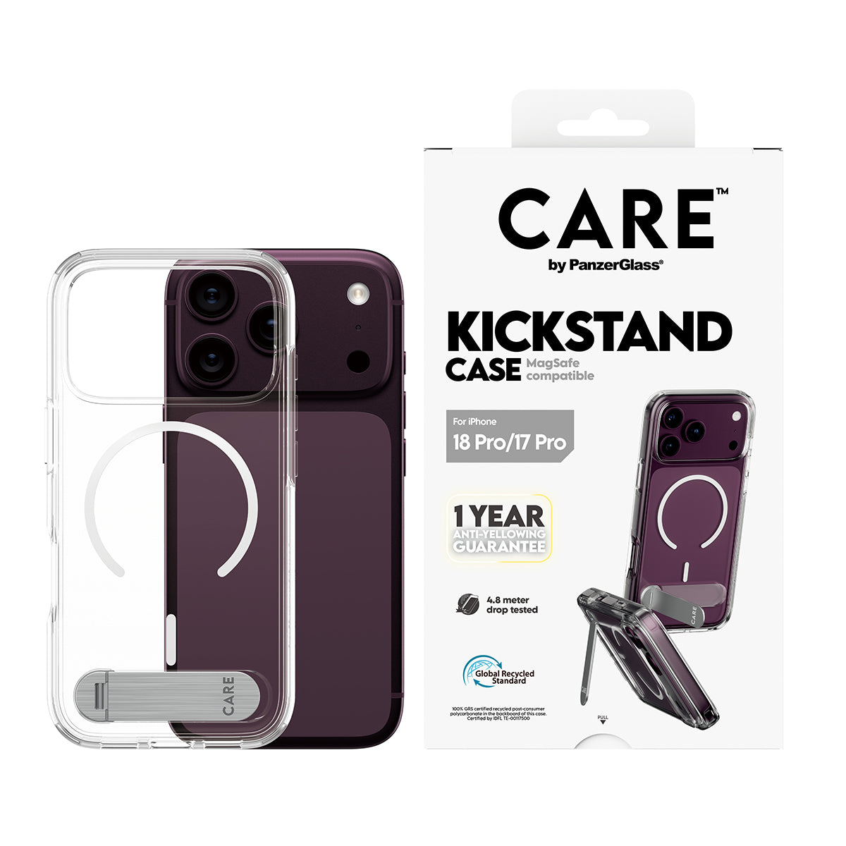 CARE by PanzerGlass iPhone 18 Pro KICKSTAND Case | MagSafe Compatible, Foldable 360° Stand, Portrait & Landscape Viewing, Drop Protection, Anti-Yellowing, Recycled Plastic - Transparent