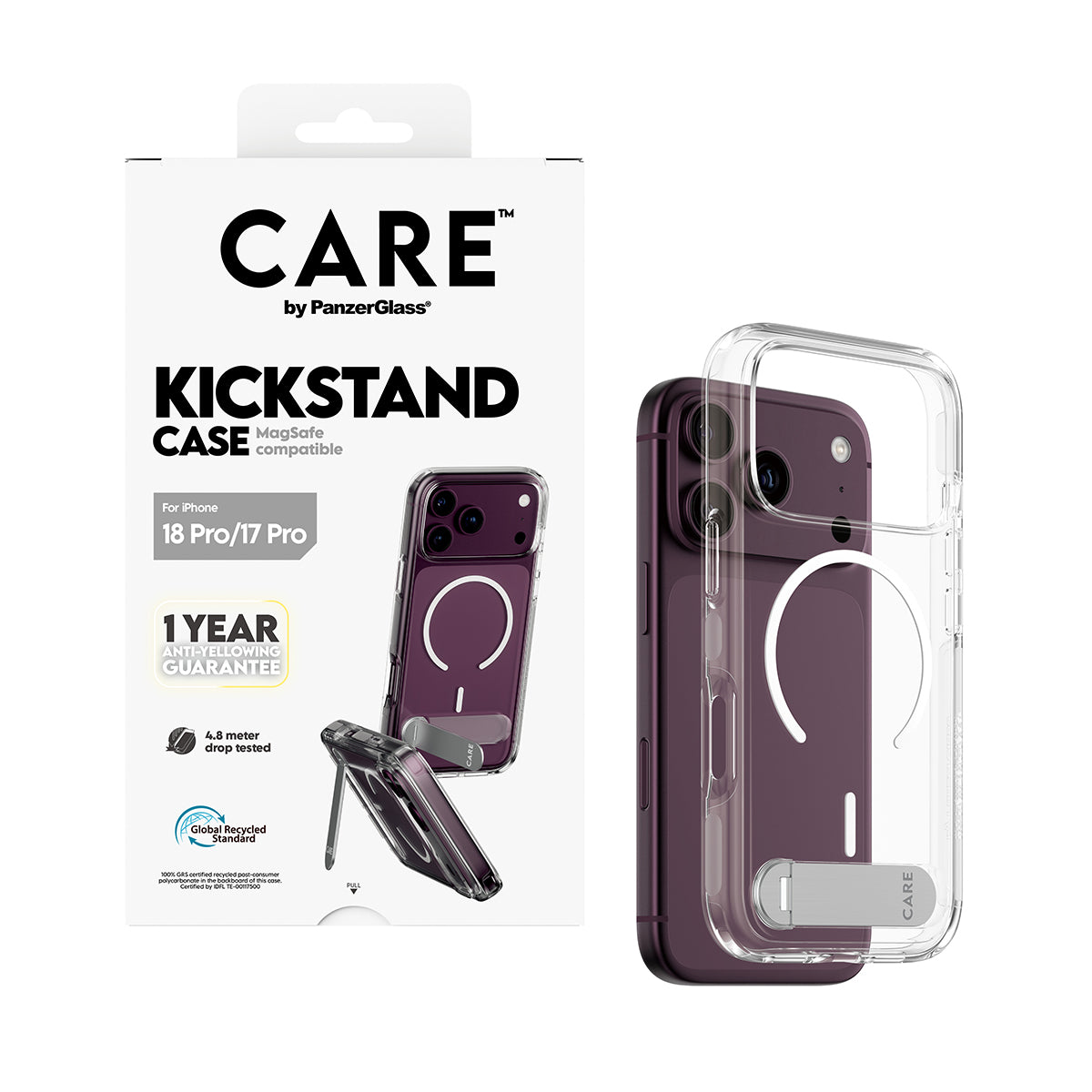 CARE by PanzerGlass iPhone 18 Pro KICKSTAND Case | MagSafe Compatible, Foldable 360° Stand, Portrait & Landscape Viewing, Drop Protection, Anti-Yellowing, Recycled Plastic - Transparent