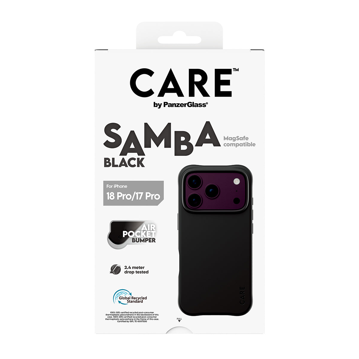 CARE by PanzerGlass iPhone 18 Pro SAMBA Case | MagSafe Compatible, Slim Fashion Case, Flexible Impact-Absorbing Sidewalls, Recycled Plastic, Protective Camera Bezel - Black