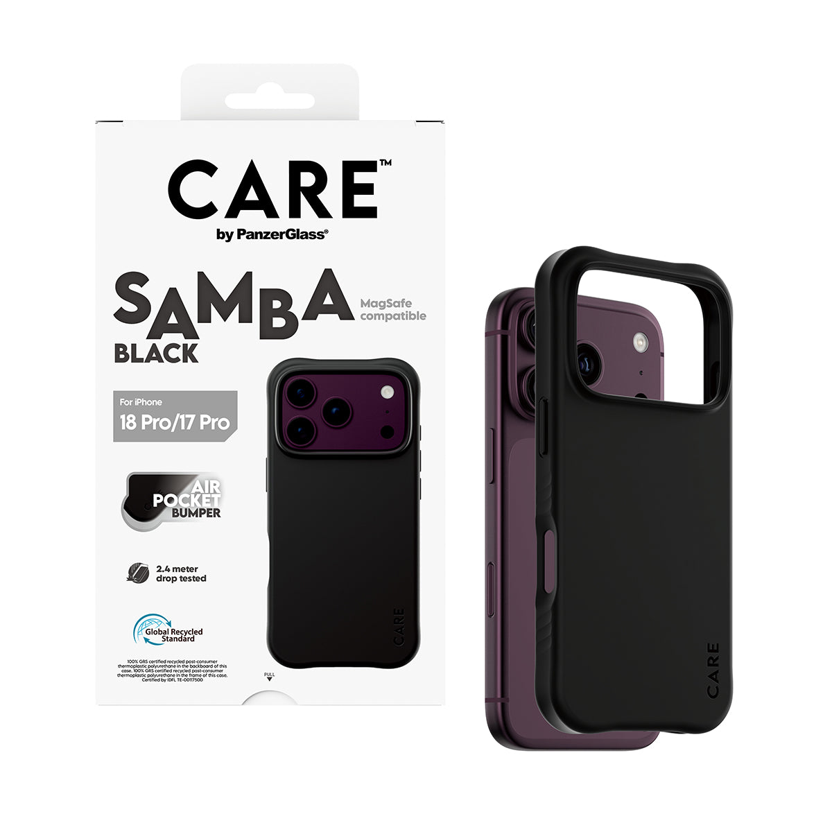 CARE by PanzerGlass iPhone 18 Pro SAMBA Case | MagSafe Compatible, Slim Fashion Case, Flexible Impact-Absorbing Sidewalls, Recycled Plastic, Protective Camera Bezel - Black