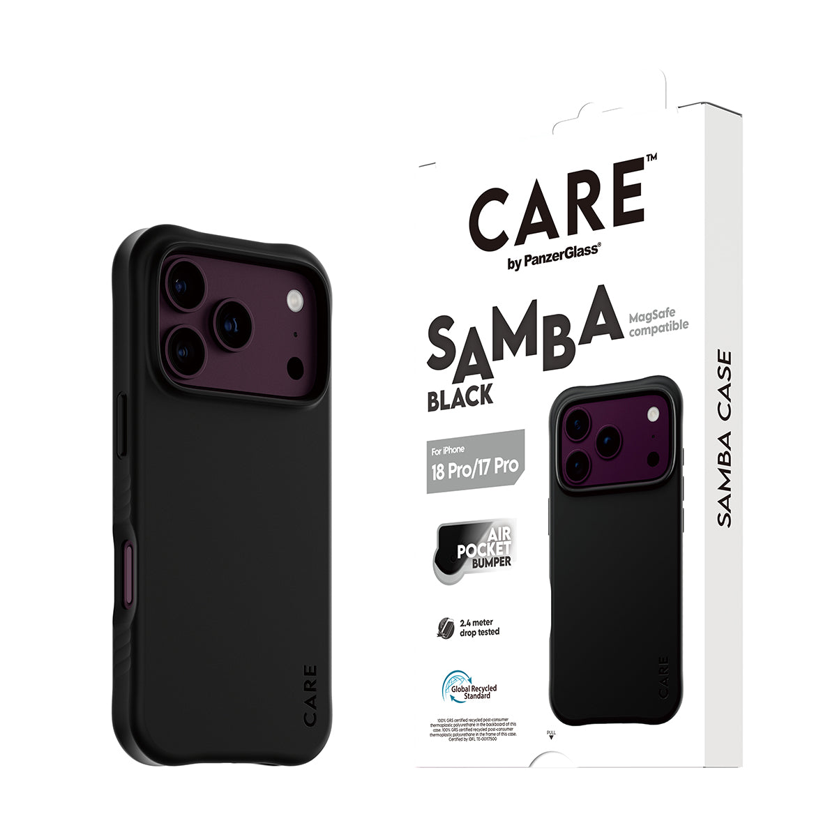 CARE by PanzerGlass iPhone 18 Pro SAMBA Case | MagSafe Compatible, Slim Fashion Case, Flexible Impact-Absorbing Sidewalls, Recycled Plastic, Protective Camera Bezel - Black