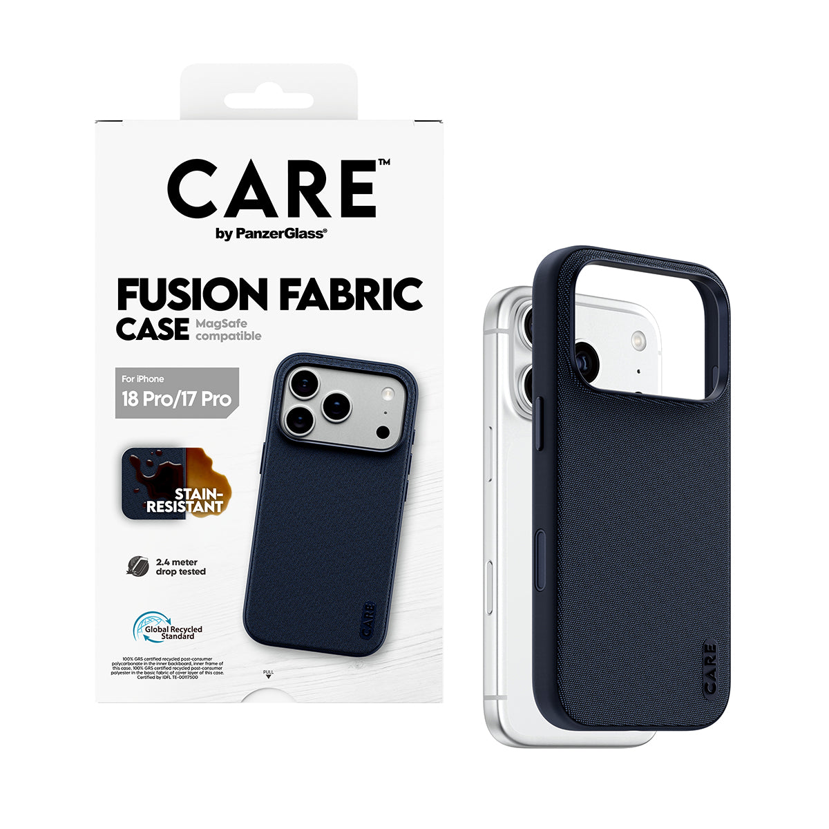 CARE by PanzerGlass iPhone 18 Pro FUSION Fabric Case | MagSafe Compatible, Stain-Resistant Woven Fabric, Internal Shock Protection, Recycled Plastic, Premium Grip - Blue