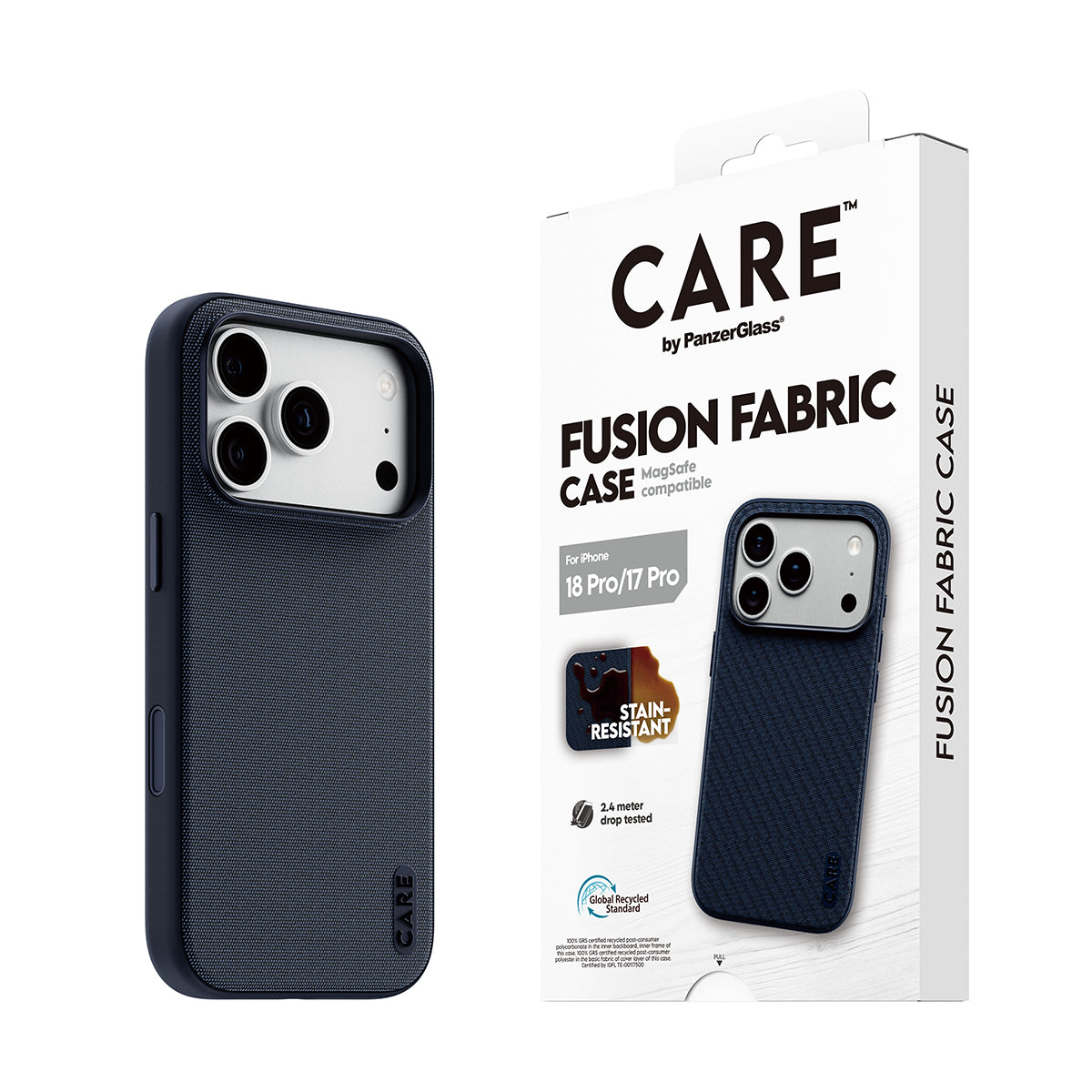 CARE by PanzerGlass iPhone 18 Pro FUSION Fabric Case | MagSafe Compatible, Stain-Resistant Woven Fabric, Internal Shock Protection, Recycled Plastic, Premium Grip - Blue