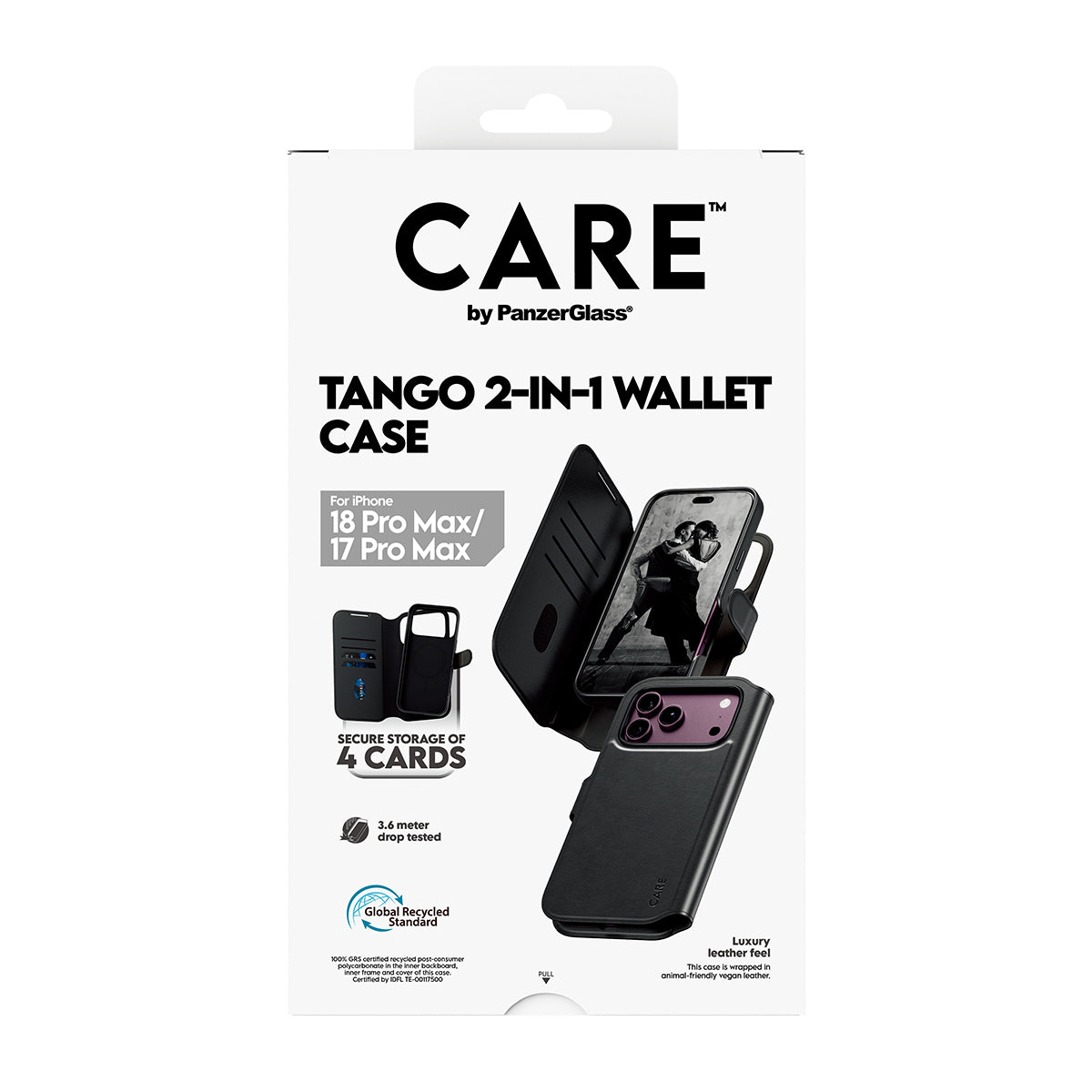 CARE by PanzerGlass iPhone 18 Pro Max TANGO Wallet Case | 2-in-1 Detachable MagSafe Folio Cover Case, Vegan Leather Wallet, 4-Card Storage, Stand Function, Shock Protection - Black