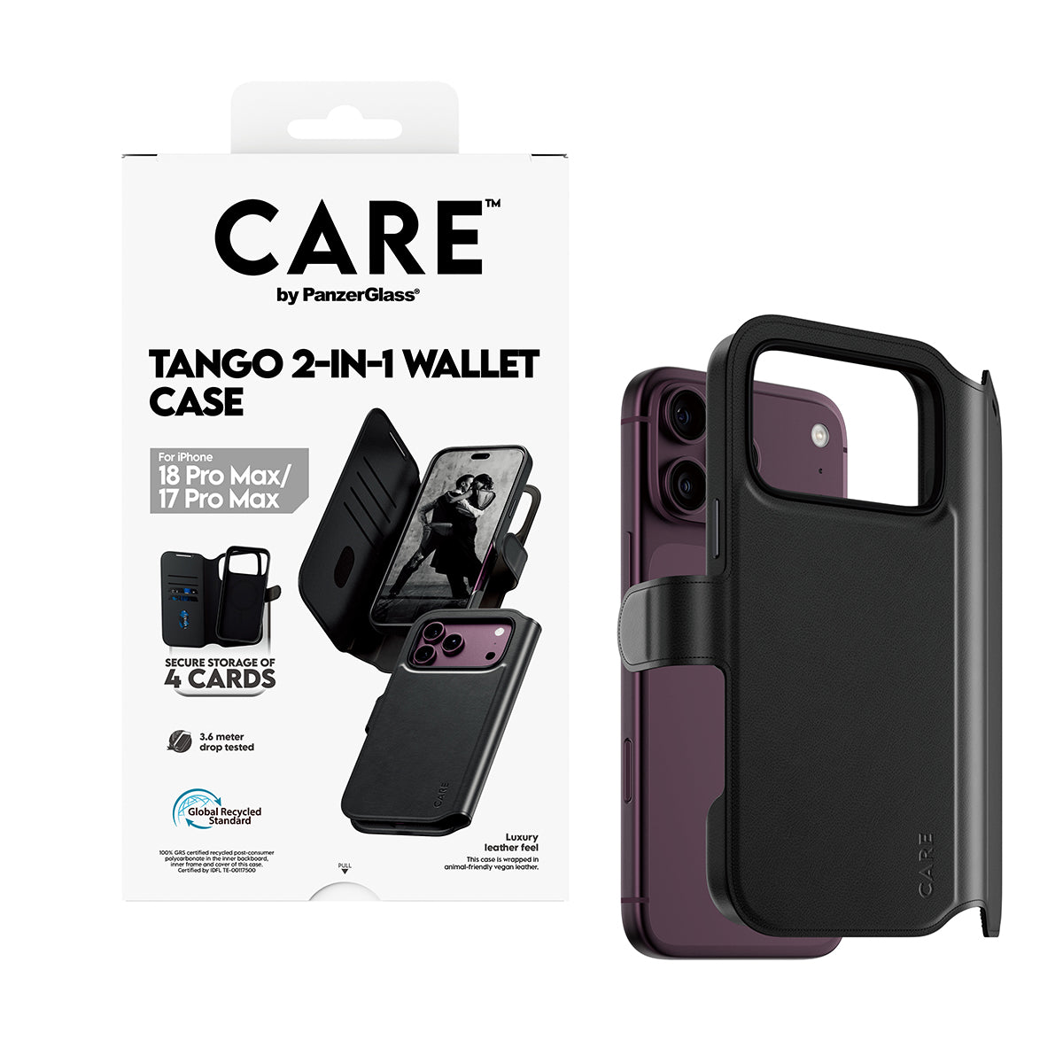 CARE by PanzerGlass iPhone 18 Pro Max TANGO Wallet Case | 2-in-1 Detachable MagSafe Folio Cover Case, Vegan Leather Wallet, 4-Card Storage, Stand Function, Shock Protection - Black