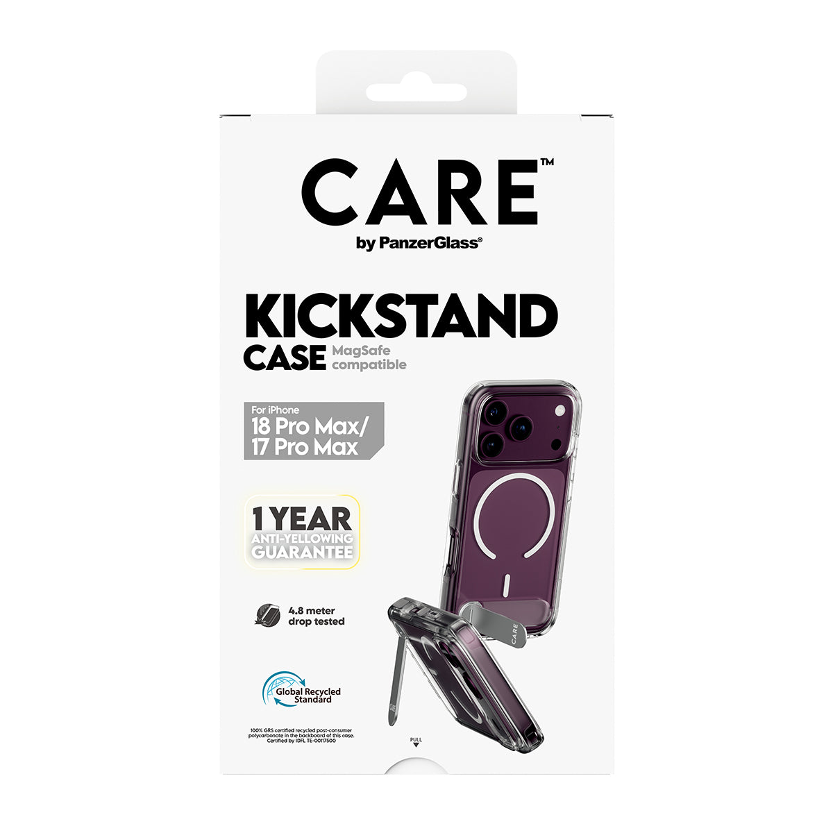 CARE by PanzerGlass iPhone 18 Pro Max KICKSTAND Case | MagSafe Compatible, Foldable 360° Stand, Portrait & Landscape Viewing, Drop Protection, Anti-Yellowing, Recycled Plastic - Transparent