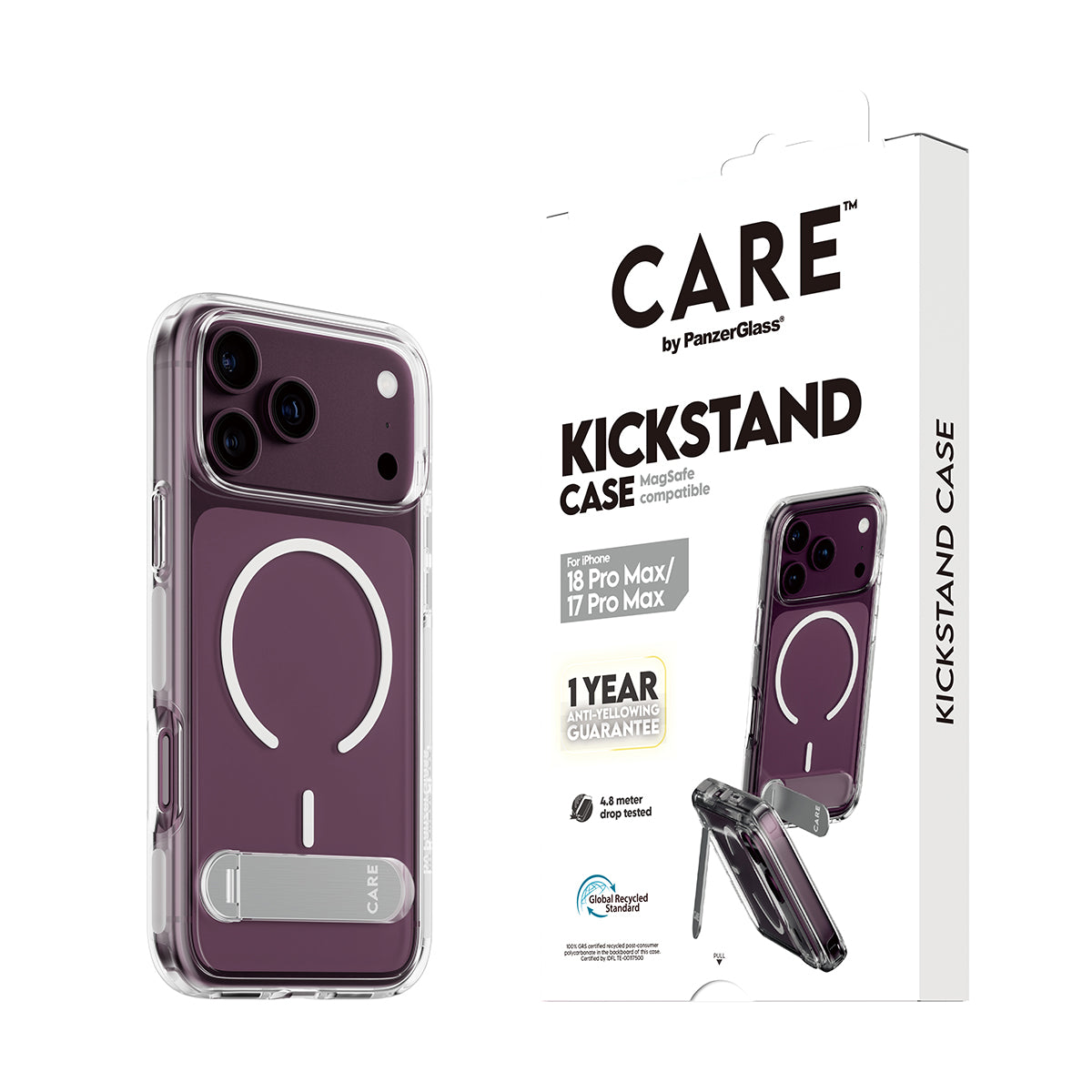 CARE by PanzerGlass iPhone 18 Pro Max KICKSTAND Case | MagSafe Compatible, Foldable 360° Stand, Portrait & Landscape Viewing, Drop Protection, Anti-Yellowing, Recycled Plastic - Transparent