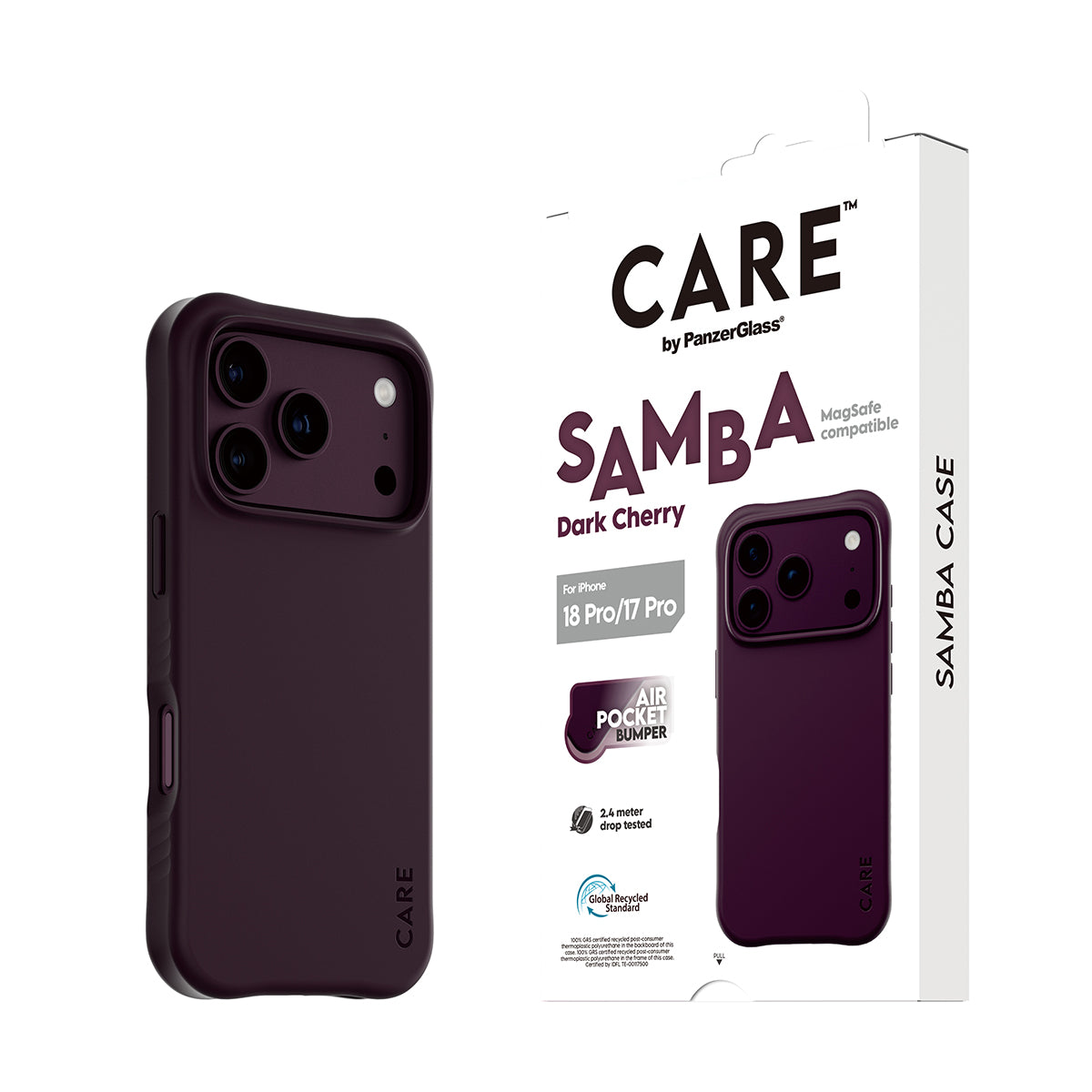 CARE by PanzerGlass iPhone 18 Pro SAMBA Case | MagSafe Compatible, Slim Fashion Case, Flexible Impact-Absorbing Sidewalls, Recycled Plastic, Protective Camera Bezel - Burgundy