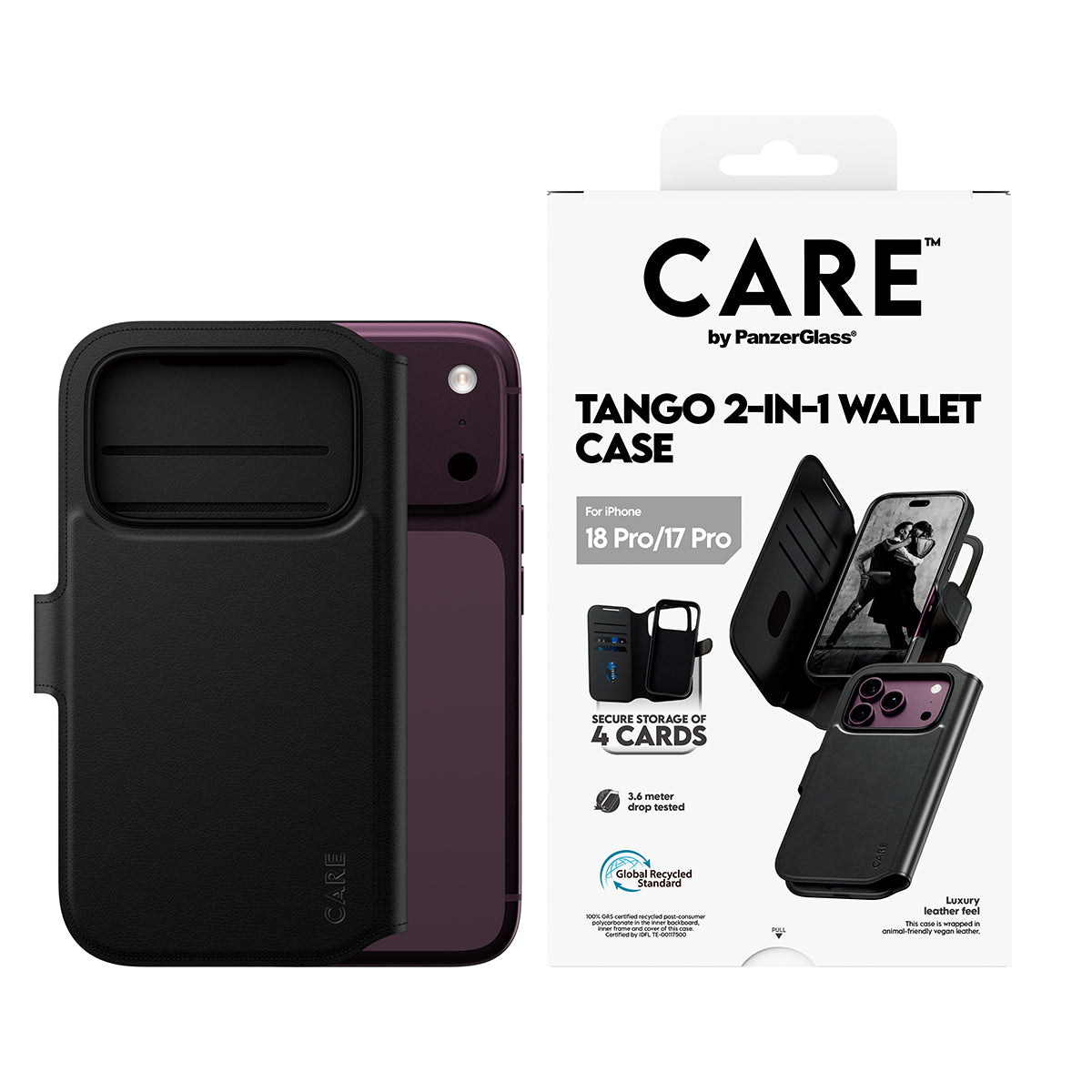 CARE by PanzerGlass iPhone 18 Pro TANGO Wallet Case | 2-in-1 Detachable MagSafe Folio Cover Case, Vegan Leather Wallet, 4-Card Storage, Stand Function, Shock Protection - Black