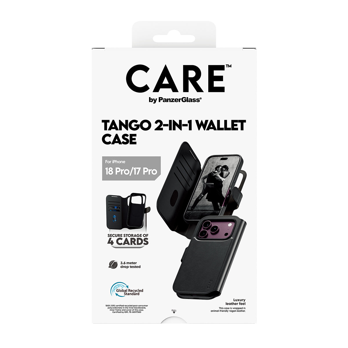CARE by PanzerGlass iPhone 18 Pro TANGO Wallet Case | 2-in-1 Detachable MagSafe Folio Cover Case, Vegan Leather Wallet, 4-Card Storage, Stand Function, Shock Protection - Black
