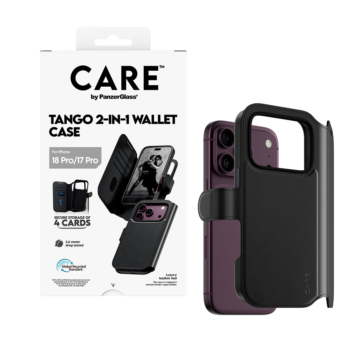 CARE by PanzerGlass iPhone 18 Pro TANGO Wallet Case | 2-in-1 Detachable MagSafe Folio Cover Case, Vegan Leather Wallet, 4-Card Storage, Stand Function, Shock Protection - Black