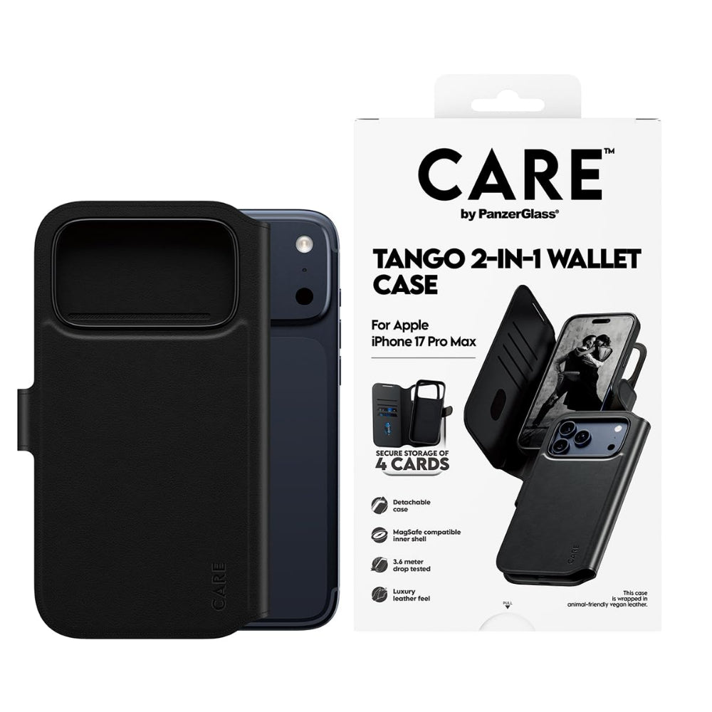 PanzerGlass iPhone 17 Pro Max Tango 2-in-1 Folio, Leather Wallet + Detachable Case w/ MagSafe, 4x Card Slots, Full 360 Drop & Scratch Protection, Magnetic Wireless Charging Easy Install, Black