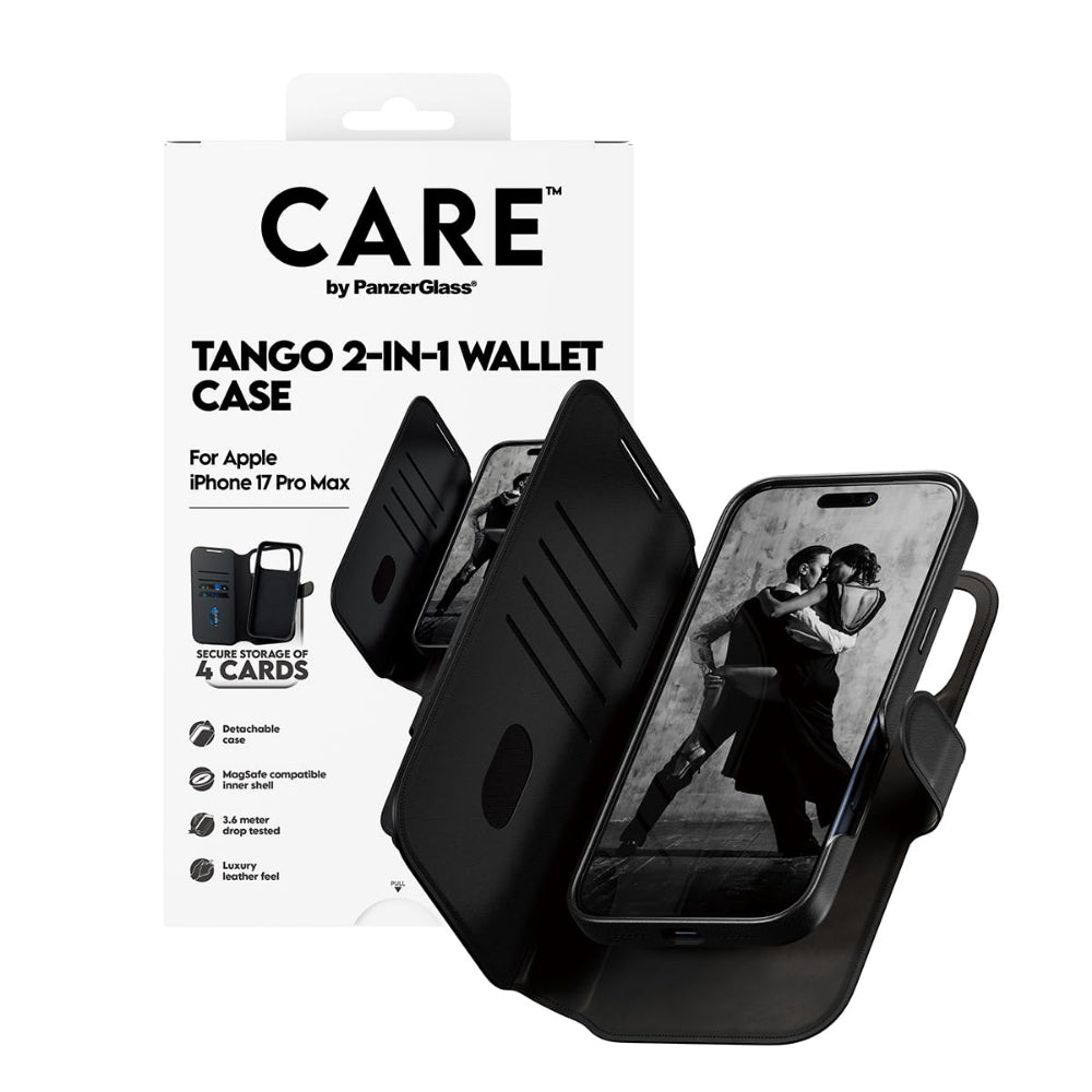 PanzerGlass iPhone 17 Pro Max Tango 2-in-1 Folio, Leather Wallet + Detachable Case w/ MagSafe, 4x Card Slots, Full 360 Drop & Scratch Protection, Magnetic Wireless Charging Easy Install, Black
