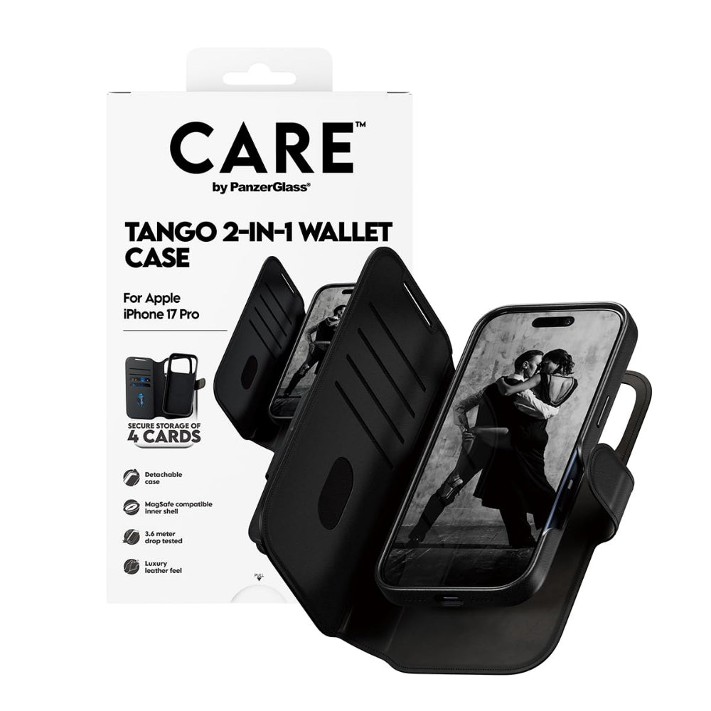 PanzerGlass iPhone 17 Pro Tango 2-in-1 Folio, Leather Wallet + Detachable Case w/ MagSafe, 4x Card Slots, Full 360 Drop & Scratch Protection, Magnetic Wireless Charging Easy Install, Black