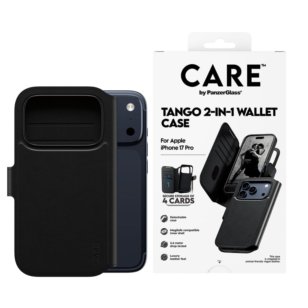 PanzerGlass iPhone 17 Pro Tango 2-in-1 Folio, Leather Wallet + Detachable Case w/ MagSafe, 4x Card Slots, Full 360 Drop & Scratch Protection, Magnetic Wireless Charging Easy Install, Black