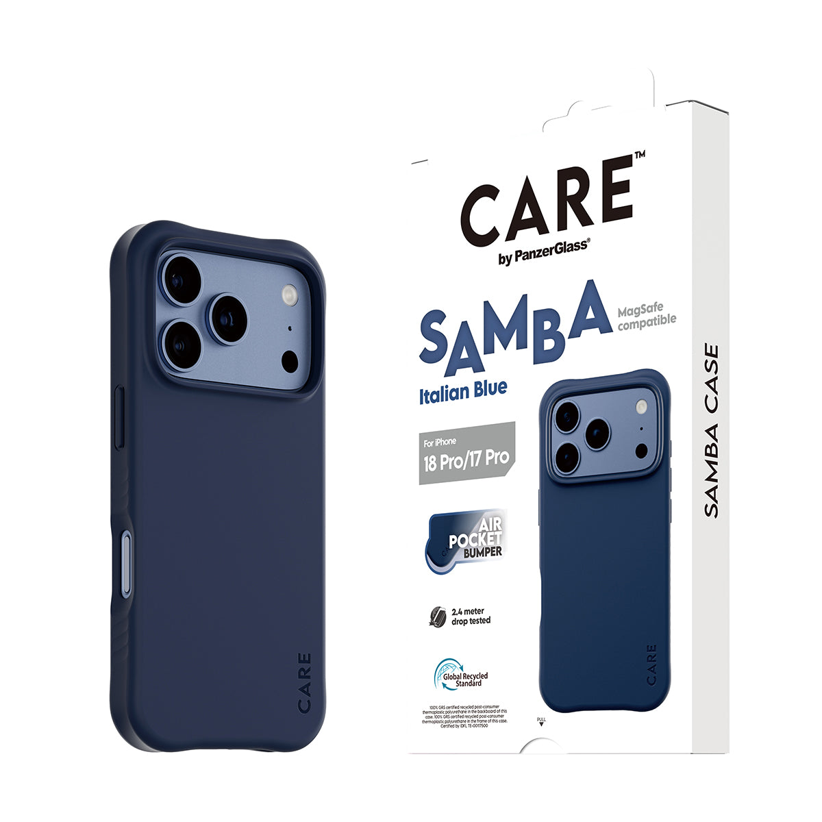 CARE by PanzerGlass iPhone 18 Pro SAMBA Case | MagSafe Compatible, Slim Fashion Case, Flexible Impact-Absorbing Sidewalls, Recycled Plastic, Protective Camera Bezel - Blue