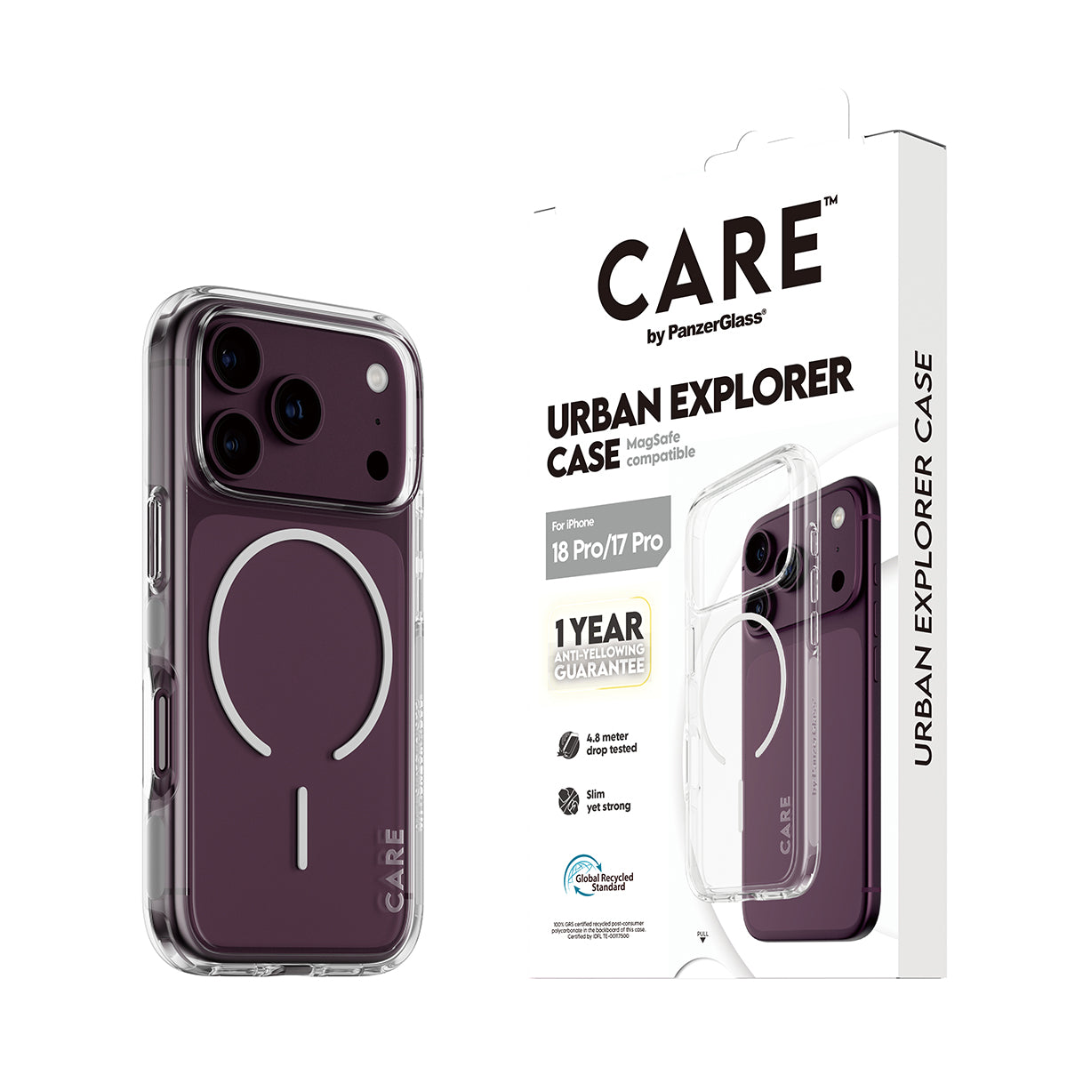 CARE by PanzerGlass iPhone 18 Pro URBAN EXPORER Case | MagSafe Compatible, Strong Drop Protection, Slim Protective Design, Recycled Plastic, Raised Camera & Screen Edges - White/Transparent