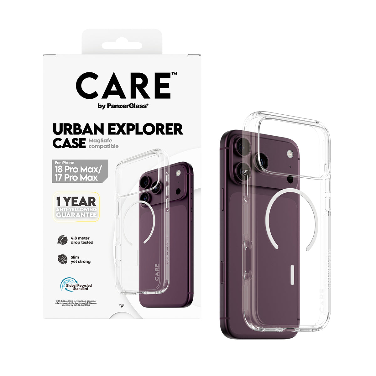 CARE by PanzerGlass iPhone 18 Pro Max URBAN EXPORER Case | MagSafe Compatible, Strong Drop Protection, Slim Protective Design, Recycled Plastic, Raised Camera & Screen Edges - White/Transparent