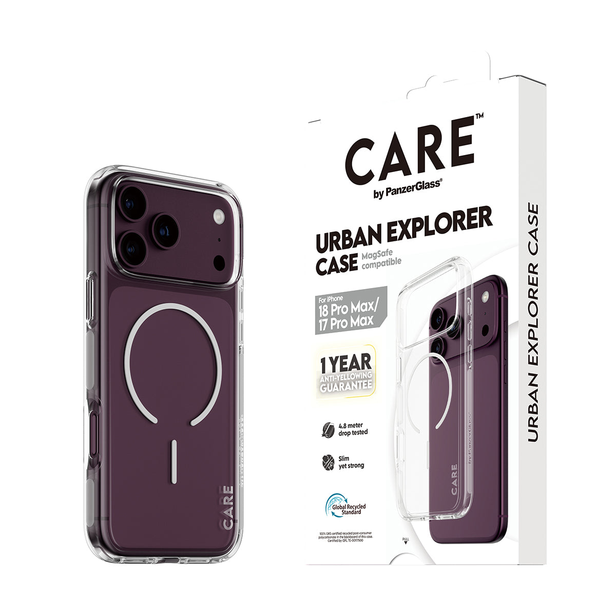CARE by PanzerGlass iPhone 18 Pro Max URBAN EXPORER Case | MagSafe Compatible, Strong Drop Protection, Slim Protective Design, Recycled Plastic, Raised Camera & Screen Edges - White/Transparent