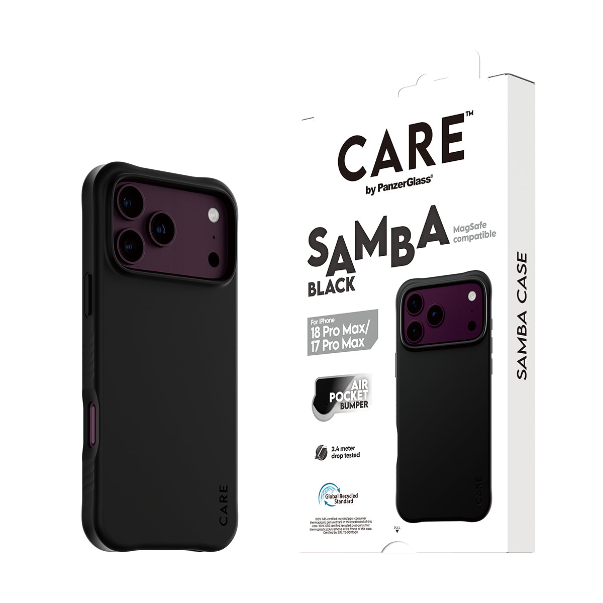 CARE by PanzerGlass iPhone 18 Pro Max SAMBA Case | MagSafe Compatible, Slim Fashion Case, Flexible Impact-Absorbing Sidewalls, Recycled Plastic, Protective Camera Bezel - Black