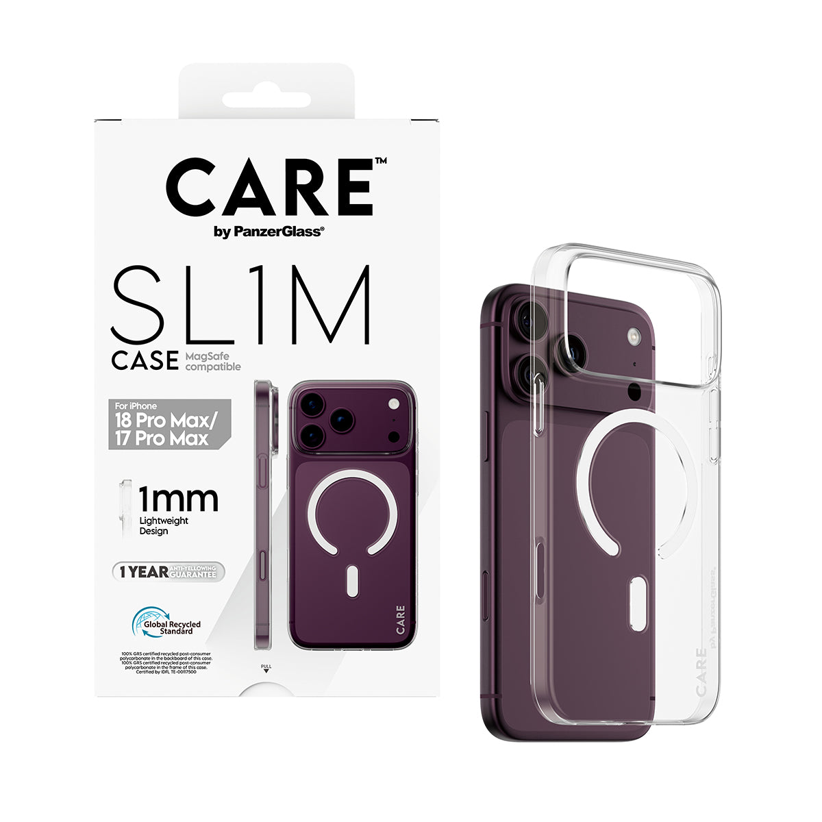 CARE by PanzerGlass iPhone 18 Pro Max SL1M Case| MagSafe Compatible, 1mm Thin Transparent Slim Case, Never-Yellowing Nano Technology, Recycled Plastic, Lightweight Scratch Protection - Clear