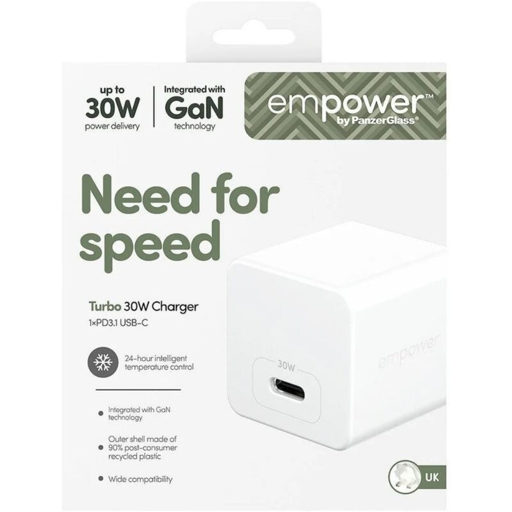 PanzerGlass Wall Charger Type C 35W EMPOWER, Single Port 1x USB-C, Fast Hi-Speed GAN Charging, MacBook Air, Laptop, Tablet, iPhone, Samsung, UK Plug, Silver White