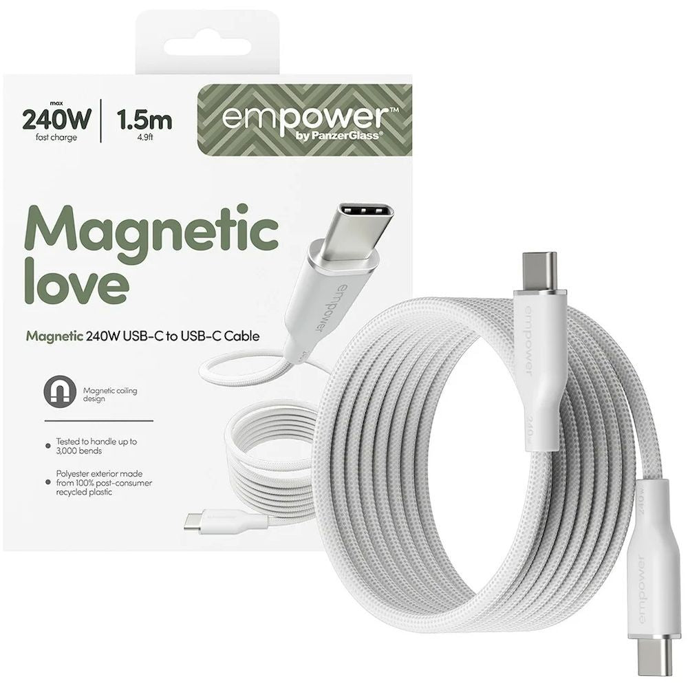 PanzerGlass Empower USB-C To USB-C Cable 240W| Fast Charging Cable with Magnetic Coiling Design, 1.5M Length, for Laptops, Tablets, Phones, USB-C Device, White