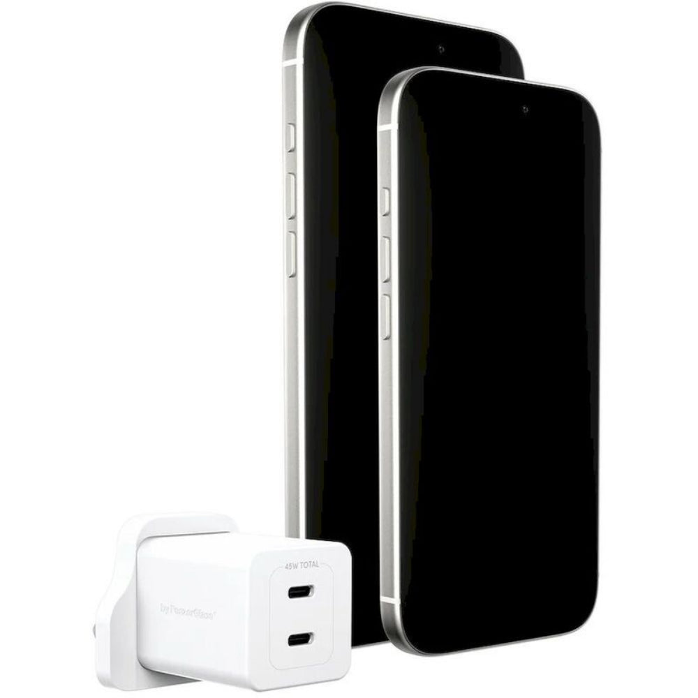 PanzerGlass Wall Charger Type C 45W EMPOWER, Dual Ports 2x USB-C, Fast Hi-Speed GAN Charging, MacBook Pro/Air, Laptop, Tablet, iPhone, Samsung, UK Plug, Silver White