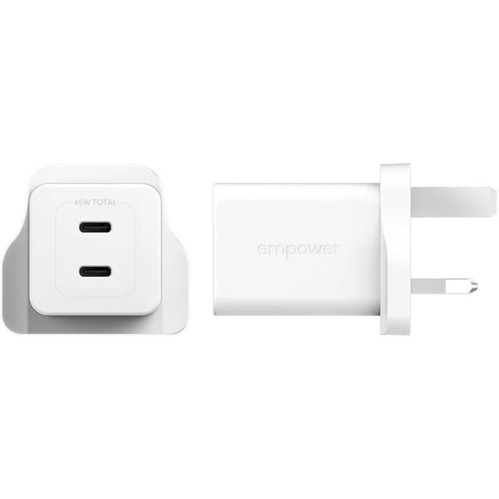 PanzerGlass Wall Charger Type C 45W EMPOWER, Dual Ports 2x USB-C, Fast Hi-Speed GAN Charging, MacBook Pro/Air, Laptop, Tablet, iPhone, Samsung, UK Plug, Silver White