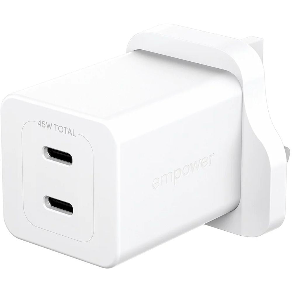 PanzerGlass Wall Charger Type C 45W EMPOWER, Dual Ports 2x USB-C, Fast Hi-Speed GAN Charging, MacBook Pro/Air, Laptop, Tablet, iPhone, Samsung, UK Plug, Silver White