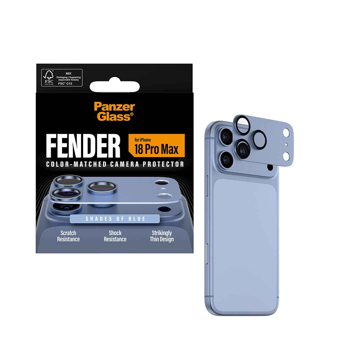 PanzerGlass iPhone 18 Pro Max FENDER Camera Protector | Full Camera Island Protection, Matte Aluminum Frame, Tempered Glass Lens Guard, Color-Matched, Scratch & Impact Protection, Blue