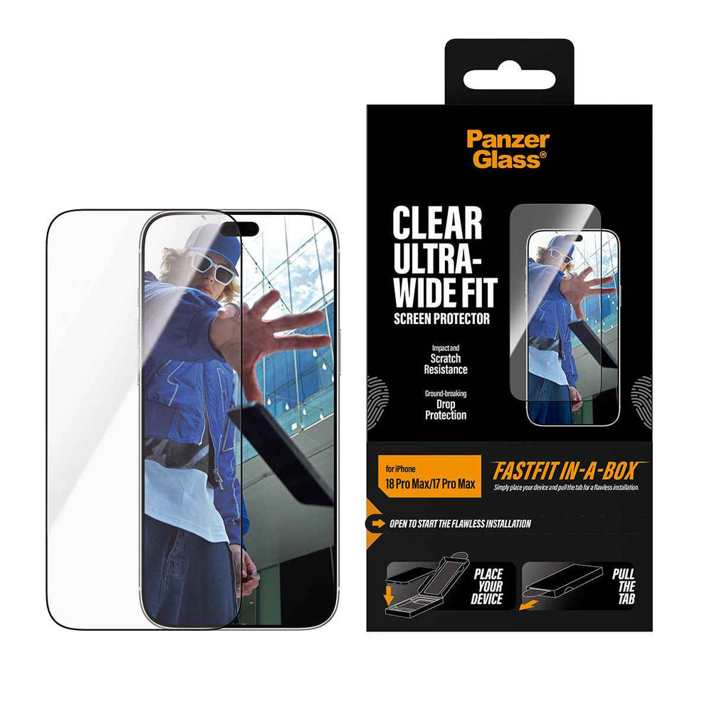 PanzerGlass iPhone 18 Pro Max Ultra-Wide Fit Clear Screen Protector | Edge-to-Edge Tempered Glass, Scratch & Impact Protection, Anti-Static Adhesive, FastFit In-A-Box Easy Install, Clear