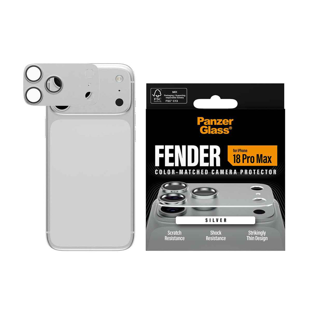 PanzerGlass iPhone 18 Pro Max FENDER Camera Protector | Full Camera Island Protection, Matte Aluminum Frame, Tempered Glass Lens Guard, Color-Matched, Scratch & Impact Protection, Silver