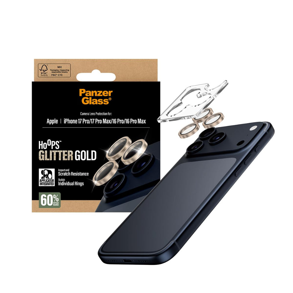 PanzerGlass iPhone 17 Pro Max / 17 Pro / 16 Pro Max / 16 Pro Camera Lens Protector Hoops, Rings w/ High Clarity, Anti-Scratch Anti-Fingerprint, No Image Distortion, Easy Install, Glitter Gold