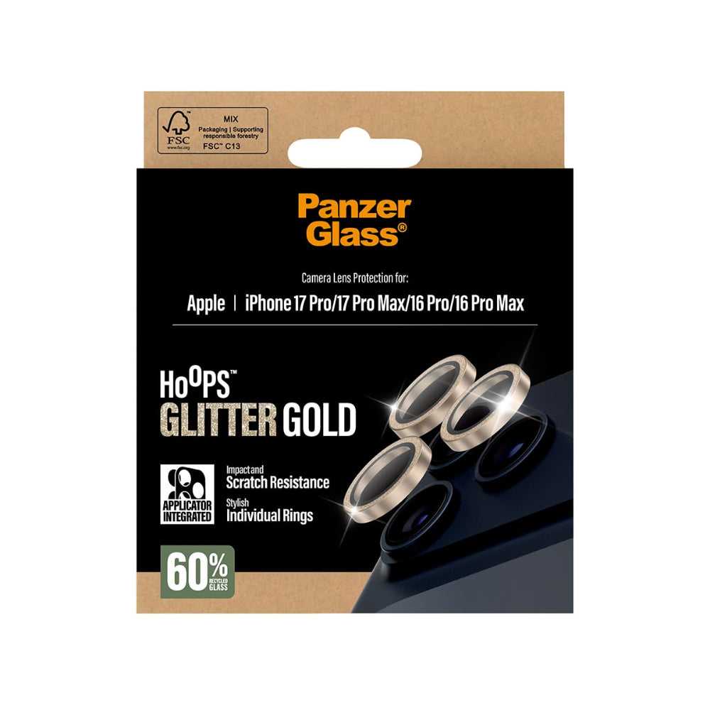 PanzerGlass iPhone 17 Pro Max / 17 Pro / 16 Pro Max / 16 Pro Camera Lens Protector Hoops, Rings w/ High Clarity, Anti-Scratch Anti-Fingerprint, No Image Distortion, Easy Install, Glitter Gold