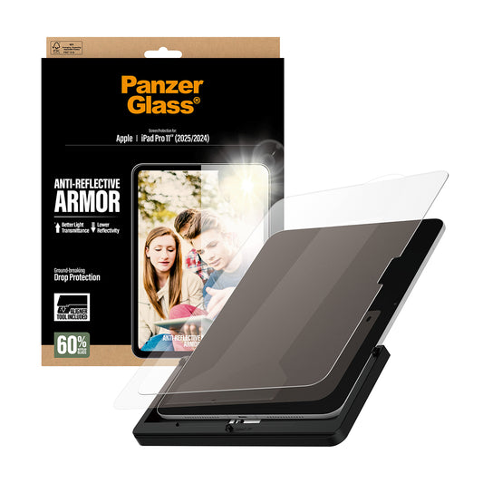 PanzerGlass Anti-Reflective Screen Protector for iPad Pro 11" M4| Full Screen Tempered Glass, Drop Scratch Protection, Anti-Fingerprint, No Bubbles w/ Easy Install Tool - Clear