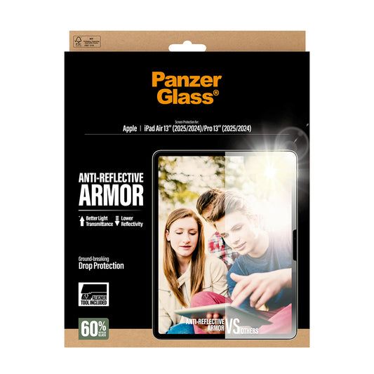 PanzerGlass Anti-Reflective Screen Protector for iPad Air 13" M3/M2 & iPad Pro 13" M4| Full Screen Tempered Glass, Drop Scratch Protection, Anti-Fingerprint, No Bubbles w/ Easy Install Tool - Clear