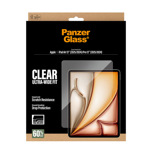 PanzerGlass Clear Screen Protector for iPad Air 13" M3/M2 & iPad Pro 13" M4| Full Screen Tempered Glass, Drop Scratch Protection, Anti-Fingerprint, No Bubbles w/ Easy Install Tool - Clear