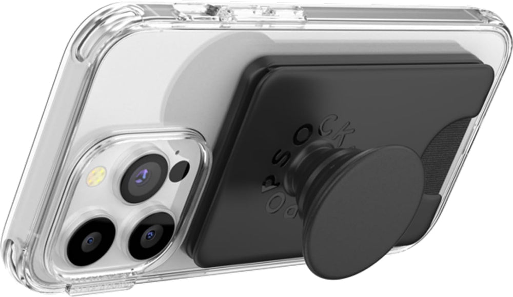 محفظة PopSockets MagSafe PopWallet+ | حامل بطاقات + مقبض + مسند، تتسع لـ 3 بطاقات، مغناطيس قوي، لأجهزة iPhone 15/14/13/12، تتضمن حلقة محول للهواتف والأغطية غير المتوافقة مع MagSafe - أسود